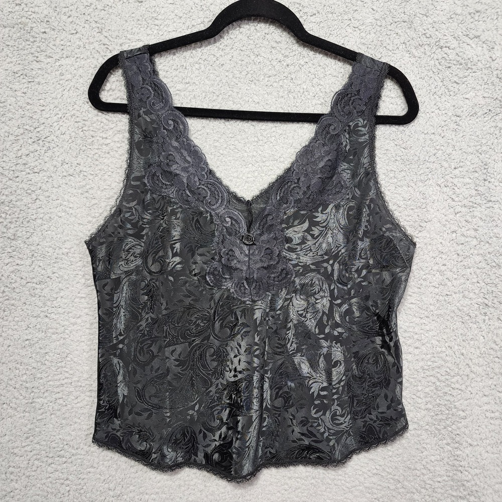 Vintage Deena Black Lace Floral‎ Print Slip Tank Top V-Neck Medium Half Slip